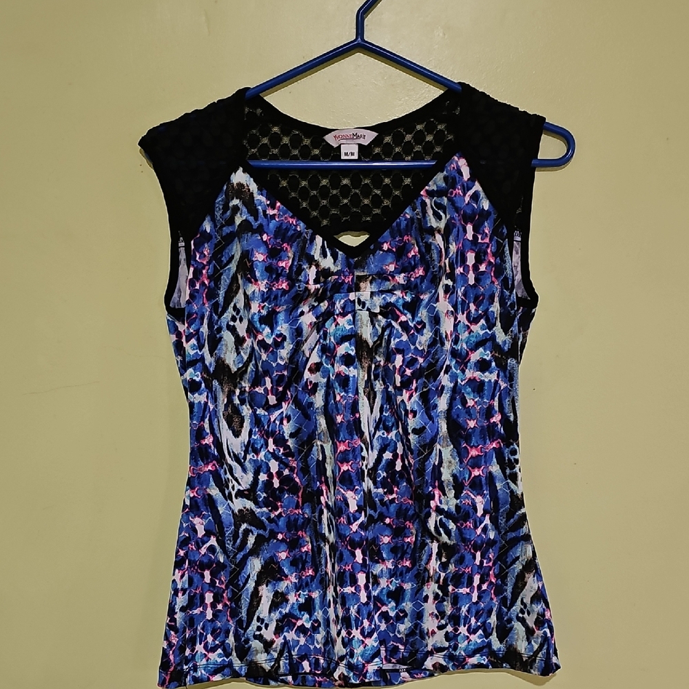 Blue and Purple Graphic Fitted Cap Sleeve Tank Top